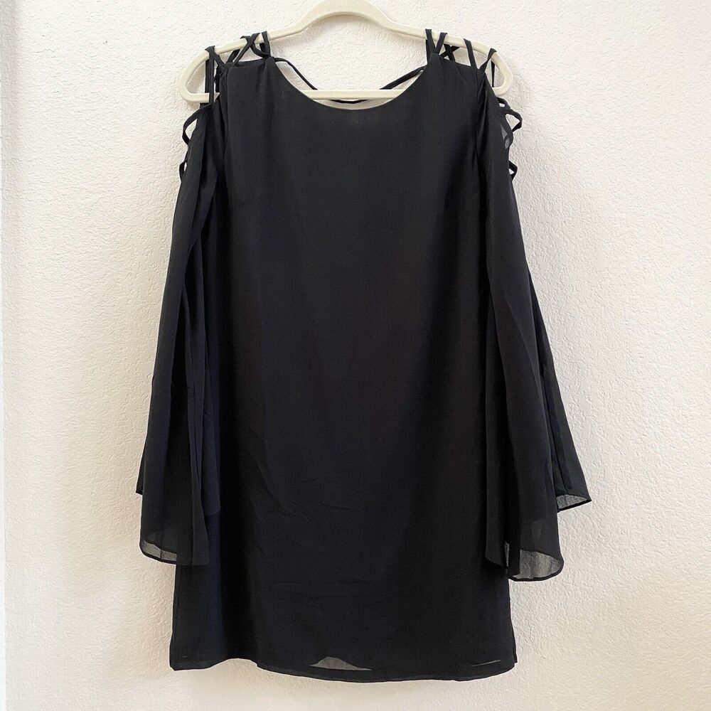 UMGEE Dress Womens L Black‎ V Back Open Shoulder Sheer Lined Lagenlook